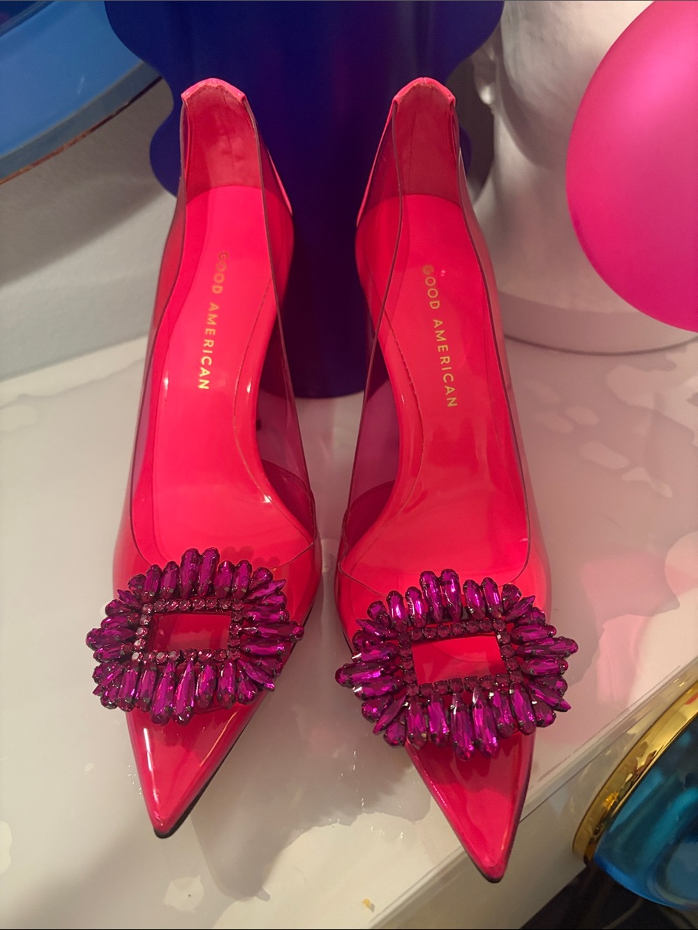 Good American Hot Pink Patent Pointed Toe Pumps with Pink Gem Buckles